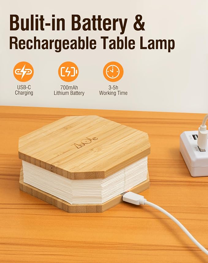 Originality Folding Accordion Lamp, Japanese Gift, LED Paper Lantern | Portable Wooden Table Lamp, Creative Japanese Paper Light with USB, Japanese Decor for Home & Bedroom & Library (Bamboo)