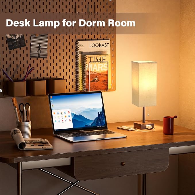 Bedside Lamp for Bedroom Set of 2 - Table Desk Lamp for Nightstand | AC Outlet, 3 Color Temperatures, LED Bulb Included, Pull Chain Design, 14" Rectangular Desk Lamp for Dorm/Office, 2-Pack