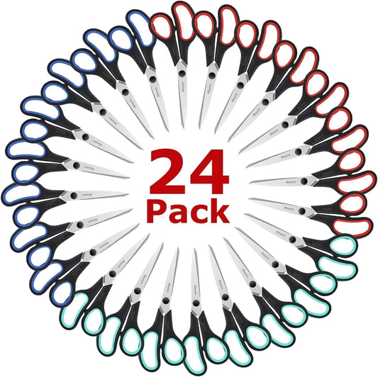 School Office Scissors Bulk, Set of 24-Pack, 8" All Purpose Sharp Scissors with Comfort-Grip Handles for High/Middle School Student Teacher, Office Home Sewing Fabric Supplies, for Right Left Handed