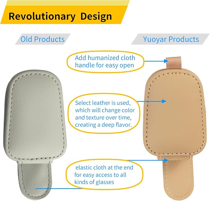 Yuoyar Magnetic Leather Sunglasses Holder for Car, 2 Packs (Beige) | Magnetic Car Visor Accessories