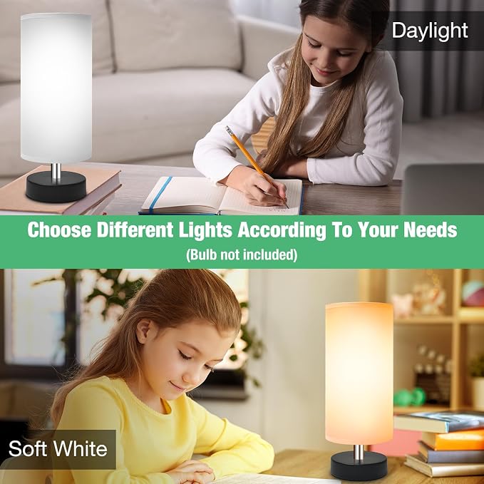 DEGNJU Small Lamp for Bedroom, Bedside Lamps for Night Stands, Mini Minimalist Table Lamp with Round Gray Fabric Shade, 11.4 Inch Desk Reading Lamp for Dorm Room Living Room Office Room, 2 Pack