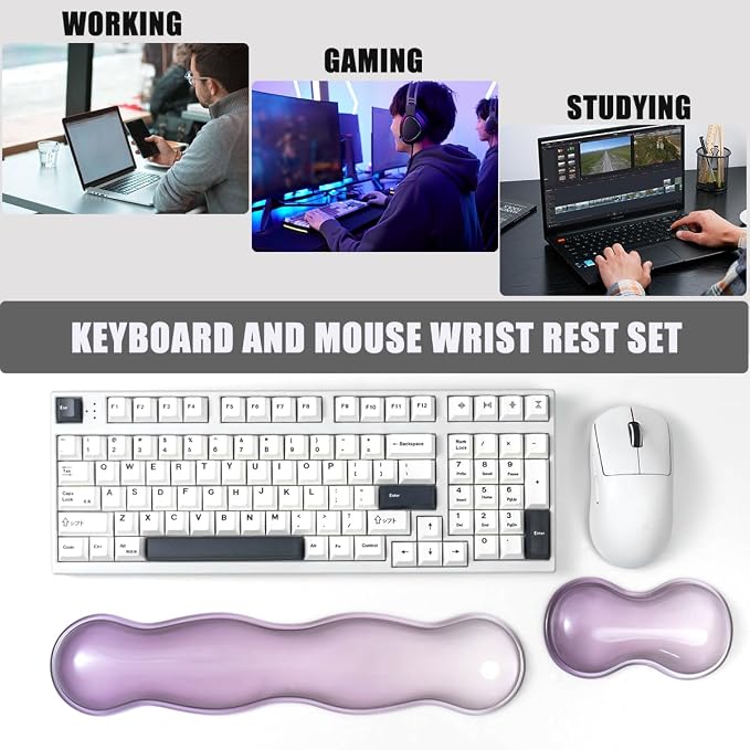 Ergonomic Gel Keyboard and Mouse Wrist Rest Set – Clear Wrist Rest for Computer Keyboard 60%/68%/75%, Comfort & Support for Typing and Gaming (Grey Purple)