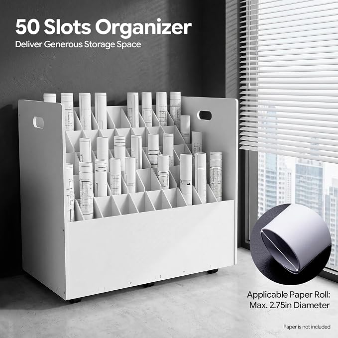 Blue Print Storage Organizer with Wheels, 50 Slots Roll Files Cart, White | Mobile Blueprint Storage Rack Cart, Construction Plan Holder, Map Poster Storage Cabinet for Office Home School