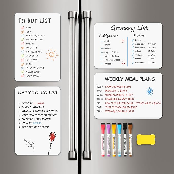 2 Pack Magnetic Dry Erase Board Sheet for Fridge, 12"x8" Erasable Refrigerator WhiteBoard w/ 4 Markers & 1 Eraser- Smooth and Flexible Small Magnet Blank Notepad for Home Kitchen Organizer and Planner