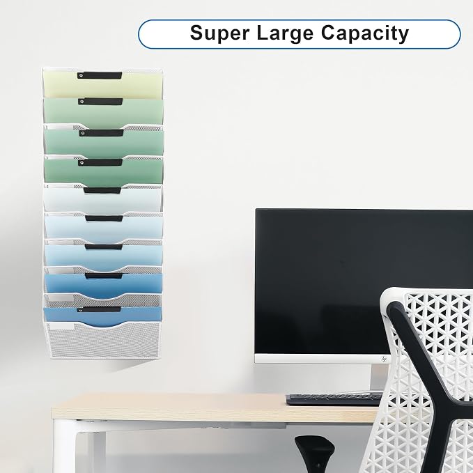 10 Pocket Mesh Hanging Wall File Organizer, Wall Mounted Mail Paper Document Folder Holder, Clipboard Storage Organization Magazine Rack with Nametag Label for Office Home School, White