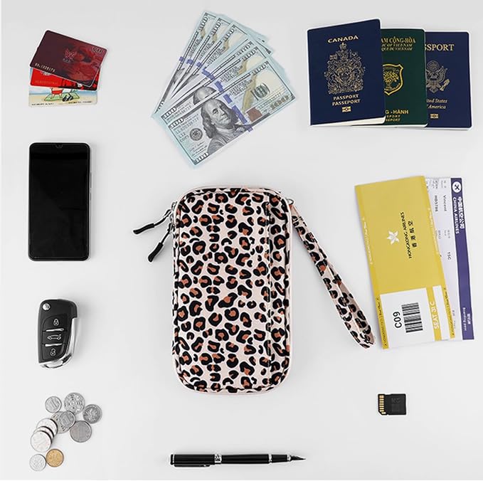 RFID Blocking Family Passport Holder, Leopard print style，Multi-functional Travel Document Organizer, for Women, Men, and Families