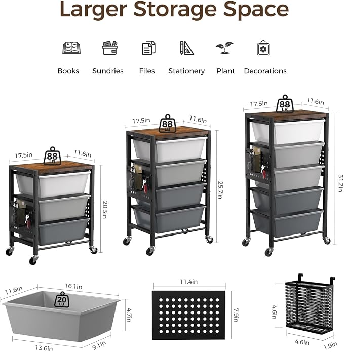Rolling Cart with 3 Drawers, Plastic Drawer Storage Carts with Lockable Wheels & Wooden Tabletop, Metal Utility Cart Organizer, Office Bedroom Classroom Craft Organization and Storage, Dark Grey