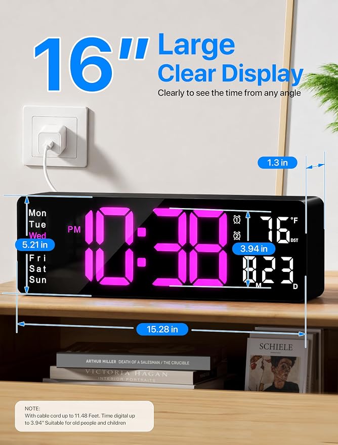 MASHI Digital Wall Clock, 16" Large Display Digital Clock with Remote Control, Auto-Dimming Wall Clock with Night Light, DST, Date Week,Temp for Living Room, Bedroom, Decor, Gift for Elderly