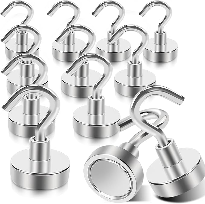 MIN CI Magnetic Hooks Heavy Duty, 35lb+ Strong Magnetic Wall Hooks for Hanging, Neodymium Metal Magnets with Hooks Large Magnetic Hooks, for Classroom Cruise Fridge Kitchen, Pack of 12