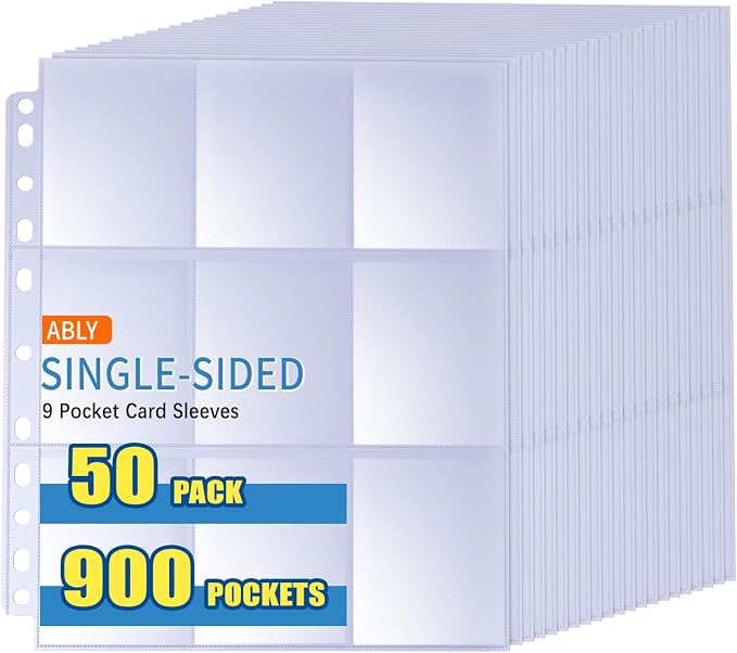 ABLY 900 Pockets Trading Card Pages Sleeves 9-Pocket Clear Plastic Game Card Protectors for Sky, Pok, Bas Car and More, Fit 3 Ring Binder (50 Pages)