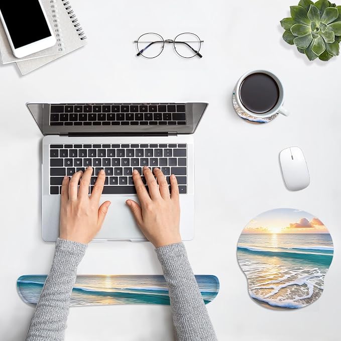 Ergonomic Mouse Pad Set with Wrist Rest, Beach Summer Sun | Non-Slip Rubber Base Wrist Cushion Support and Coasters Mousepad with Wrist Support for Computer Keyboard