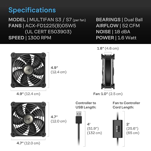 AC Infinity MULTIFAN S7, Quiet Dual 120mm USB Fan, UL-Certified for Receiver DVR PlayStation Xbox Computer Cabinet Cooling