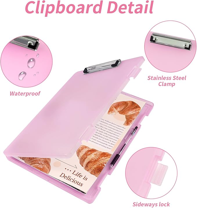Clipboard with Storage, Clear Pink Plastic Clipboard with Side Opening, Waterproof Foldable Heavy Duty Nursing Clip Board for School & Office, Letter Size/ A4 with Christmas Stickers (Clear Pink)
