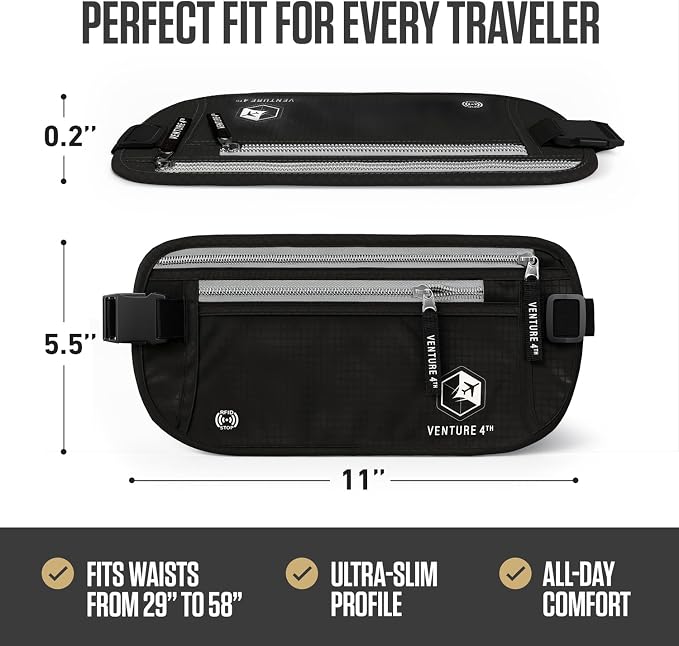 VENTURE 4TH Travel Money Belt, RFID Blocking Passport Holder - Black