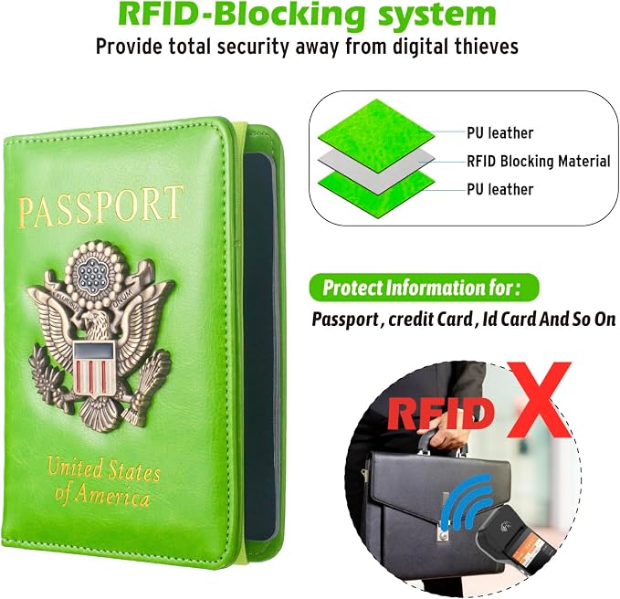 RFID Passport Holder for Travel Men, US Passport Cover Wallet Case, RFID Blocking Waterproof Leather Travel Wallet for Men Women, Document Protector for Traveling-Green