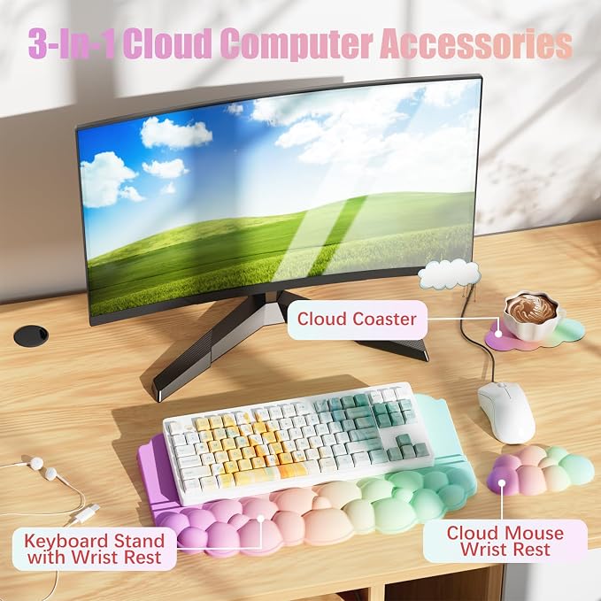 Ergonomic Wrist Rest for Keyboard, Soft Memory Foam Cloud Keyboard Stand | Keyboard Riser Holder with Wrist Pad, Desk Cushion, Easy Typing, Pain Relief, Comfort for Computer Laptop Mac - Rainbow