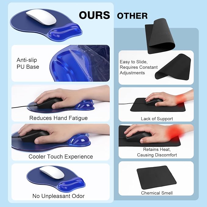 Gel Mouse Pad with Wrist Rest, Ergonomic for Laptop, Non-Slip Base | Cooling Gel Comfort, Soft Squishy Wrist Support, Easy to Clean, Non-Slip PU Base, for Office & Home Desk Blue
