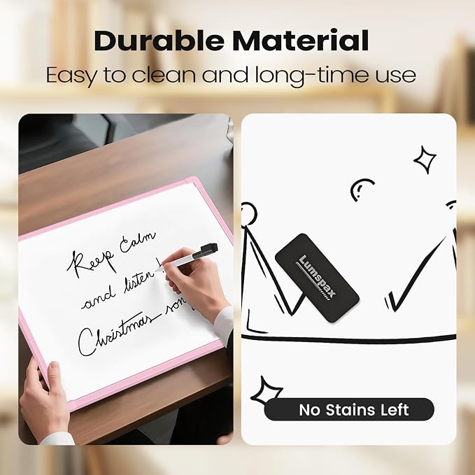 Pink Frame Small Dry Erase Board for Wall, 16" x 12" Double-Sided Hanging Whiteboard with 4 Markers, 4 Magnets and 3 Mini Sticky Notes, Portable Whiteboard for Kids, School, Home, Office