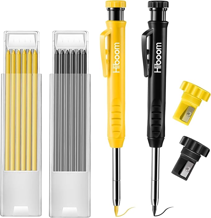 Hiboom 2 Pack Mechanical Deep Hole Carpenter Pencil, 14 Refills | Deep Hole Marker, Long Reach Tip, Built-in Sharpener, Wood, Metal, Concrete, Construction, Woodworking, Architect