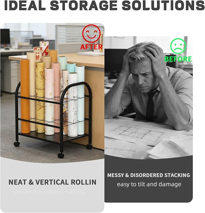 Blueprint Storage Holder with Wheels – 20-Slot Metal Roll File Rack with Silent Casters & Brakes for Blueprints, Wrapping Paper, Posters, Maps – Mobile File Cart for Office & Home (Black)