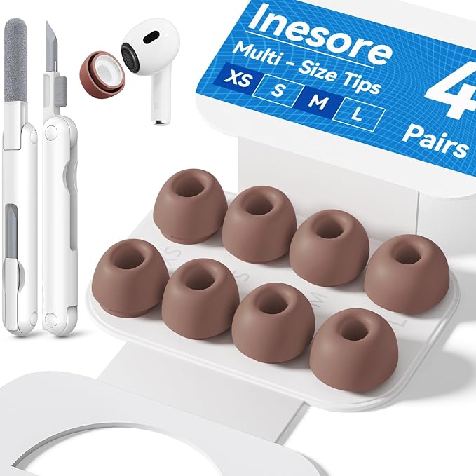 Inesore 4 Pairs Replacement Ear Tips for AirPods Pro 2nd/1st (Light Brown) | with Noise Reduction Hole & Built-in dust Guard Screen,Silicone,with Portable Storage Box & Cleaner Pen,4 Size (XS/S/M/L)