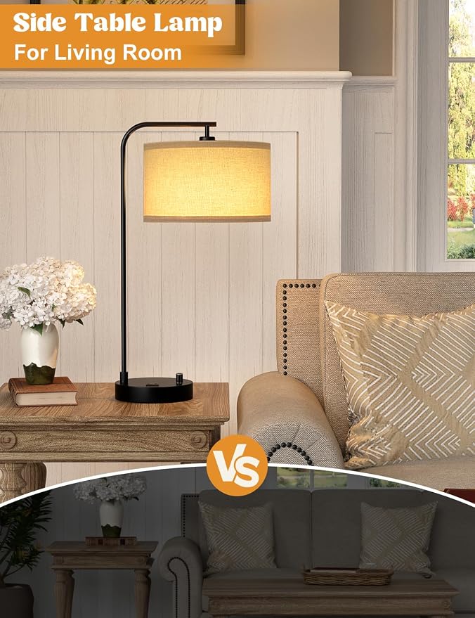 20.7" Tall Table Lamp with USB & Outlet, Fully Dimmable Nightstand Lamp | Linen Lampshade, USB Port and Outlet, Black Desk Lamp for Bedside, Living Room, Guest Room, Home Office, LED Bulb Included