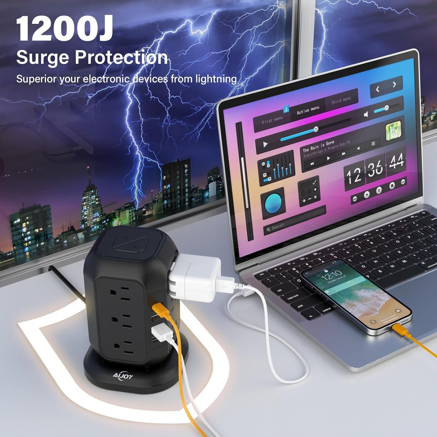 Power Strip with USB C Ports, AiJoy Surge Protector with 12 AC Outlet and 4 USB Ports, 10 FT Extension Cord, USB Charging Station with Overload Protection, Living Room, Office, Dorm