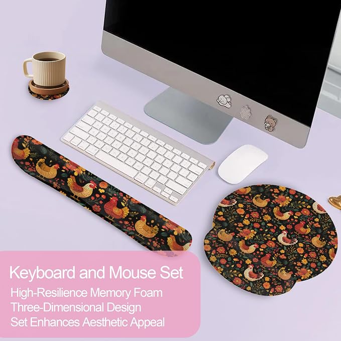Chicken Rooster Hen Flower Meadow Mouse Pad with Wrist Rest Set,3-in-1 Wrist Support Mousepad Set,Gaming Mat Pad with Anti-Skid Base,Ergonomic Memory Foam Mouse Pad Set for Women,Office,Typing,Gaming