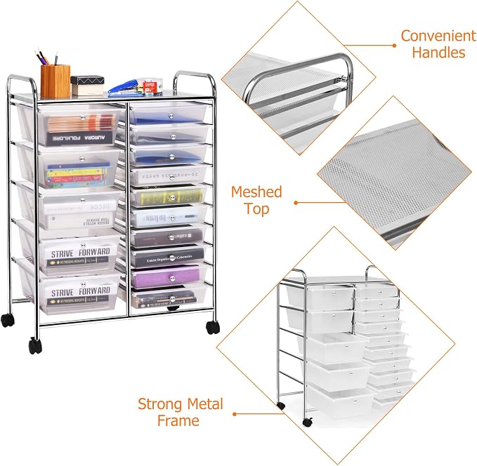 GLACER 15 Drawers Rolling Storage Cart, Steel Frame Craft Organizer Cart | Utility Cart w/Lockable Wheels & Sleek Handle, Mobile Art & Tool Supply Trolley for Teacher, Home, School, Office (Clear)
