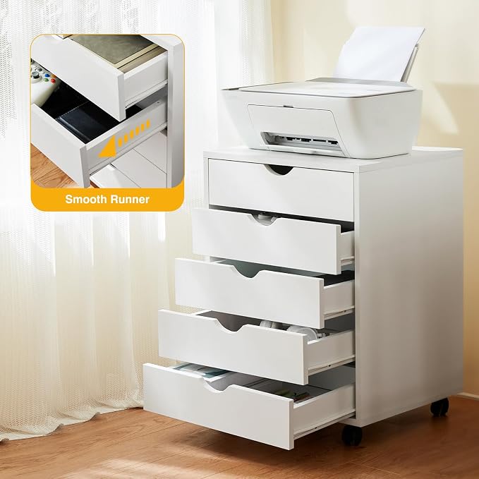 OLIXIS 5 Drawer File Cabinet, Under Desk with Storage Cabinet | Wood Under Desk Storage Organization Holds Printer, Office Supplies, Not For Hanging Files, Fit Home Office White