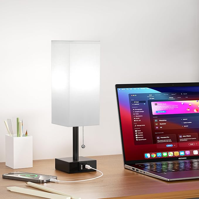 White Small Table Lamp for Bedroom - 3 Color Temperature 3000K 5000K 4000K Bedside Lamp, Pull Chain Control, USB A and C Charging Ports, Black Base, for Kids Office Dorm Nightstand, Bulb Included | Pull Chain Lamp, 3 Color Modes(3000K/4000K/5000K), E26...