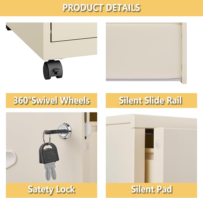 Polup 2 Drawer Rolling File Cabinet with Lock for Home Office | Metal Mobile Filing Cabinet on Wheels, Small Under Desk Storage, Fits Hanging Letter Size, Printer Stand, Cream