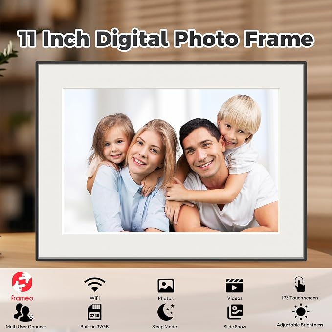 11 Inch WiFi Digital Picture Frame with Touch Screen | 64GB smart picture frame with 1920x1280 100% sRGB IPS display. Supports Frameo App for 5G/Instant photo & video sharing.