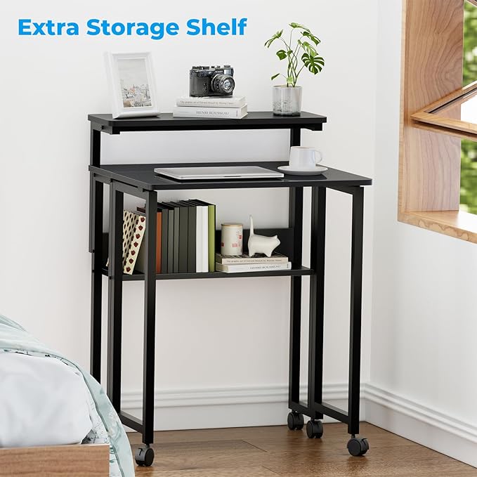 GreenForest Folding Desk with Adjustable Monitor Stand, 24.8 in Small Desk | Storage Shelf, Lockable Wheels, Portable, Space Saving, Mobile Rolling Table for Small Spaces, Home Office, Writing, Black