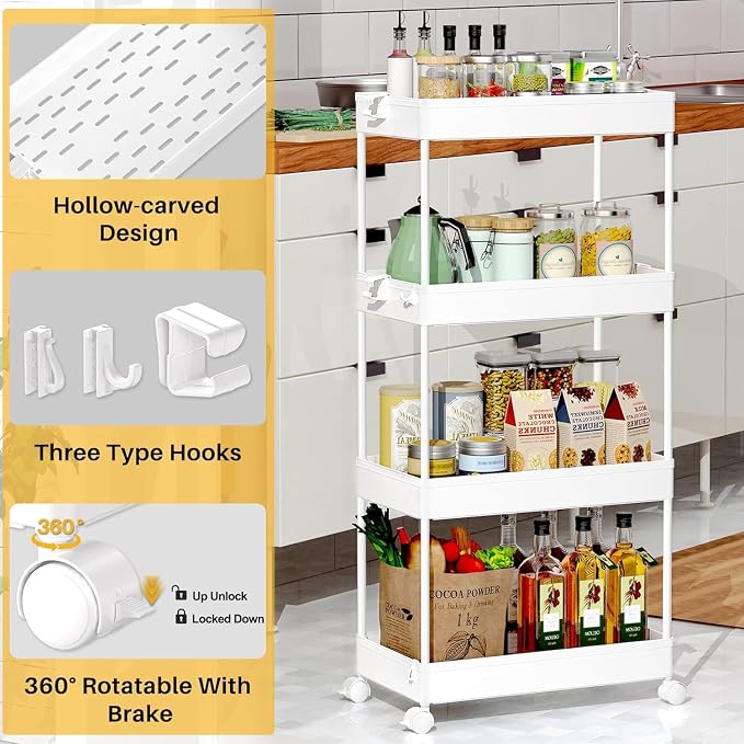 SPACEKEEPER 4 Tier Rolling Cart, Bathroom Cart Organizer with Wheels, White | Mobile Storage Cart for Laundry Room Organization,Kitchen,Office,Bathroom, Utility Cart for Snack,Craft,Art,Makeup,Nail,Toys
