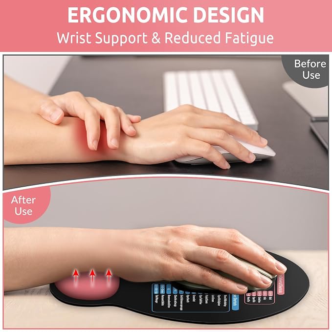 KONVINIT Ergonomic Mouse Pad with Wrist Rest, Small Excel Cheat Sheet Desk Pad with Windows & Office & Excel Shortcuts, Non-Slip Rubber Base Mouse Pads for Desk with Smooth Surface, Black Pink