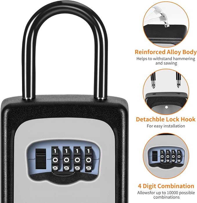 Portable Key Lock Box, Upgrade Clearly Visible Numbers, Lock Box Wall Mounted for House Key, 5 Key Capacity, Weatherproof Resettable Code (2 Pack, Gray)
