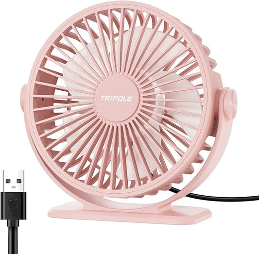 TriPole USB Desk Fan Small Portable, 360° Rotation Quiet Mini Personal Fan | Pink, 3 Speeds Plug In USB Fan, Desk Fans Small Quiet, 4.9ft Cable, Strong Breeze for Desktop Bedroom Office Table Travel