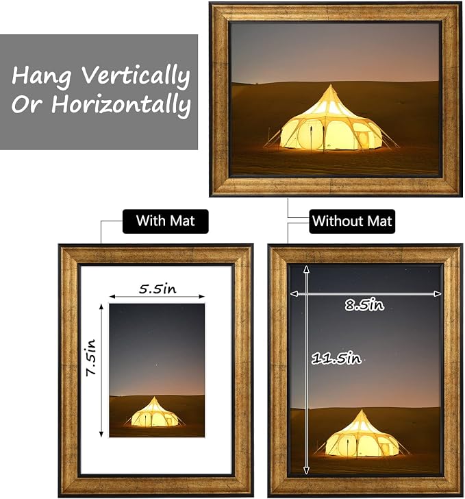 Golden State Art, 9X12 Photo Frame with White Mat for 6X8 Pictures & Real Glass, 1.25-Inch Wide, Antique Gold