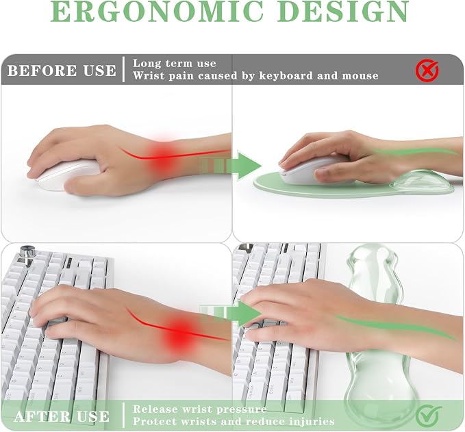 Gel Wrist Rest for Keyboard and Mouse Pad Set - Clear Green | Ergonomic Cute Computer Keyboard Wrist Pad Support for Pain Relief, Non-Slip Desk Accessories for Office and Home
