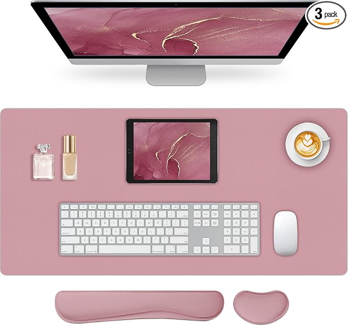 Mouse Pad and Keyboard Wrist Rest, 3-in-1 Keyboard and Mouse Pad | 35.4" x 16.9" Dusty Pink Desk Mat Set,Ergonomic Wrist Rest for Computer Keyboard, Non-slip Base, Waterproof Computer Mat