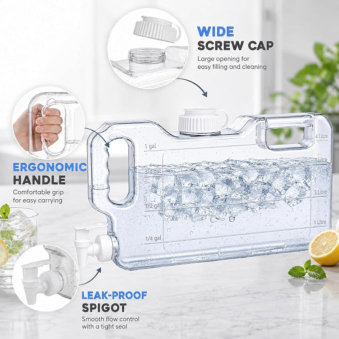 Fridge Water Dispenser with Leak-Proof Spigot, Reusable Refrigerator Drink Dispenser with Handle, Water Jug Beverage Container for Iced Tea, Juice, Lemonade, Party and Daily Use (1, 1.1 Gallon)