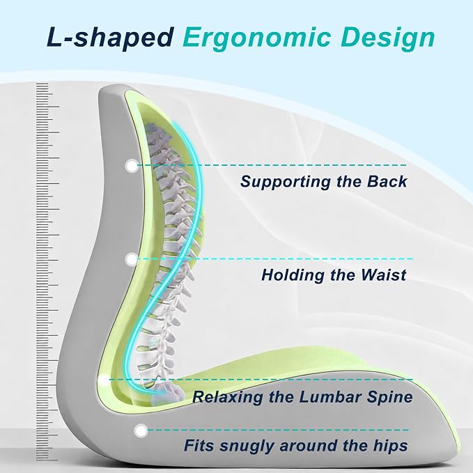 Seat Cushion for Office Chair and Car, Lumbar Support Pillow for Office Chair, Memory Foam Ergonomic Seat Cushion for Long Sitting, Back & Tailbone Pain, Sciatica - Green & Gray