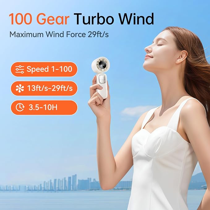 KIMMOO 3-in-1 Portable Handheld Turbo Fan-100 Speeds, 15000 RPM, 10Hrs Cooling, LED Display, 90° Rotation, Travel Fan, Mini Foldable Hand Held Personal Fan for Women Men (white)