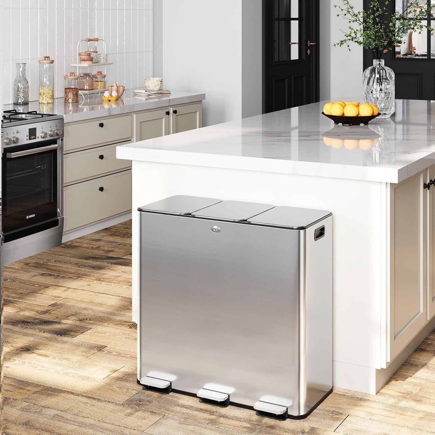 90L/23.8Gal Gallon Three-Compartment Pedal Stainless Steel Kitchen Recycling Trash Can with Odor Seal, Hands-Free Foot Operated Waste Bin for Home, Office, Restaurant, School, Hospital