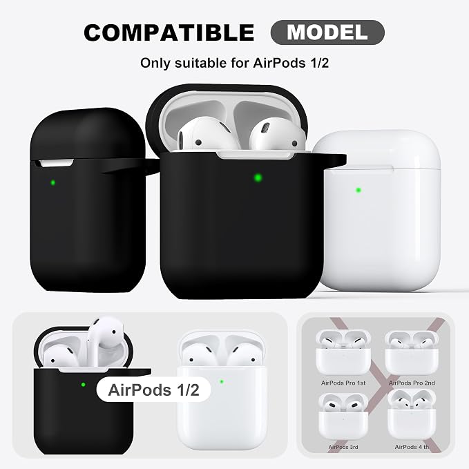 R-fun for AirPods 1/2 Case, Soft Silicone Protective Cover with Keychain and Cleaning Pen, Compatible with AirPods 2nd/1st Generation (2016/2019), Full Drop Protection Cover, Black
