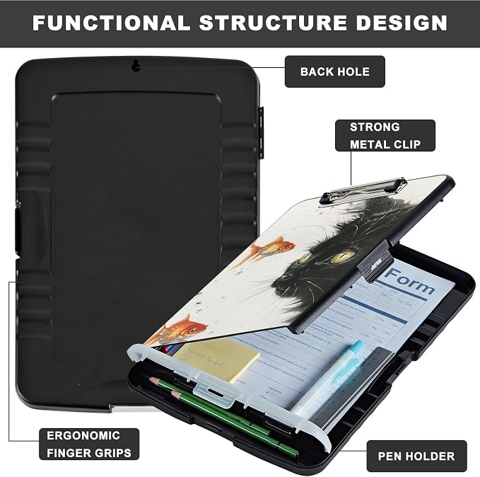 Clipboard with Storage,Storage Clipboard with Pen Holder,Heavy Duty Plastic Storage Clipboard with Low Profile Clip,Teacher Must Haves,Clipboard Folder,Office Supplies,Cat and Beautiful Fish
