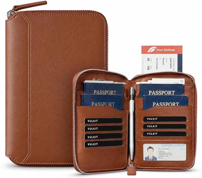 VULKIT Leather Passport Holder for 4-8 Passports Family Passport Wallet with Zipper Travel Documents Organizer for Men or Women(Espresso)