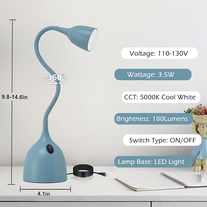 EJIAXIN Gooseneck Desk Lamp 360 LED Flexible Reading Light for Small Spaces Home Office Bedroom College Dorm Bookshelf Nightstand Table Lamp (Blue)