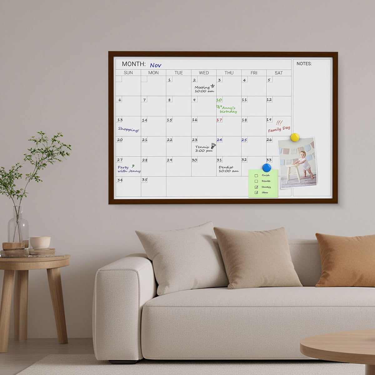 Comix Dry Erase Calendar Whiteboard for Wall,Magnetic Dry Erase White Board with Brown Wood Frame, 36 * 24 inches Decorative Planner Board for Office, Kitchen, School, Home